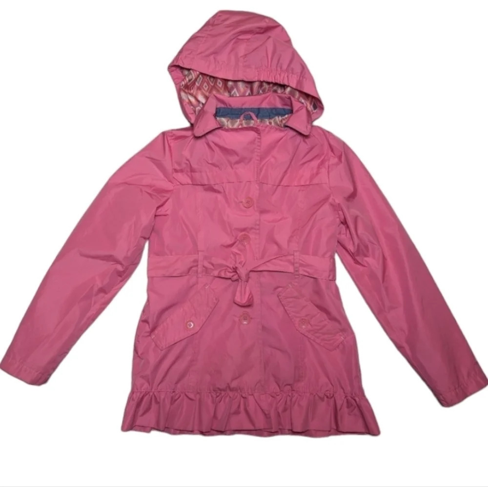 London Fog Girl 14-16 Pink Coral Trench Coat Button Front Removable Hood Frill